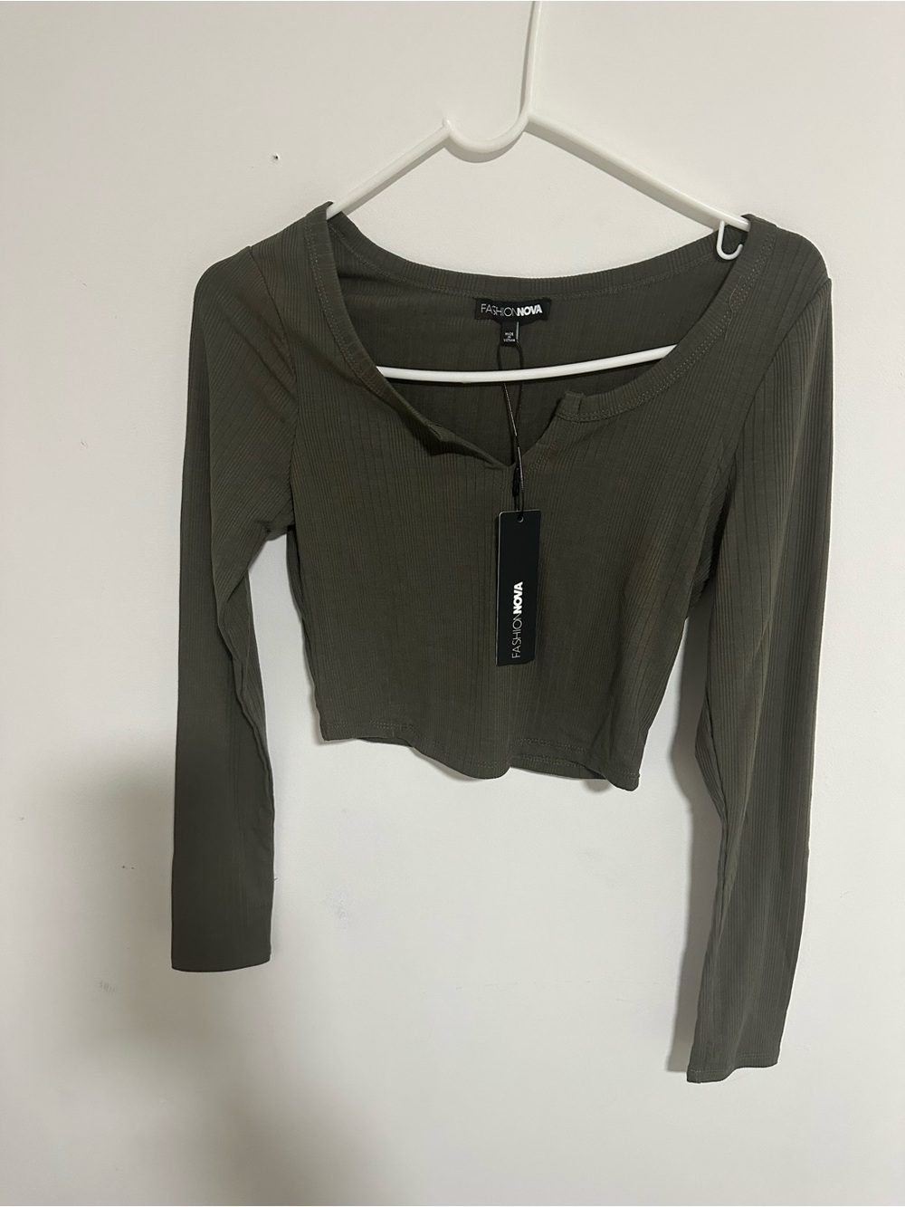 Fashion Nova Olive Green Ribbed Long Sleeve Crop Top